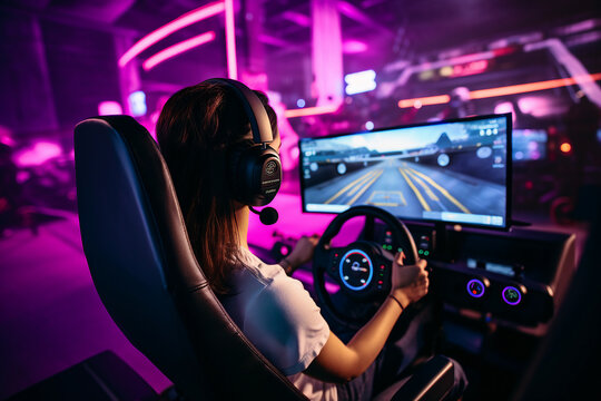 Generative ai photo collage of professional person gamer playing automotive race game
