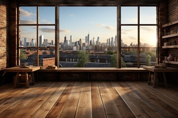 Interior of modern loft with wooden floor and panoramic city view	