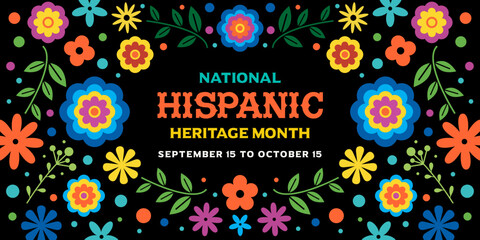Hispanic heritage month, web banner, vector, template, poster, social media post, flyer, card, printable for National Hispanic heritage month. American, Mexican culture, floral border, background