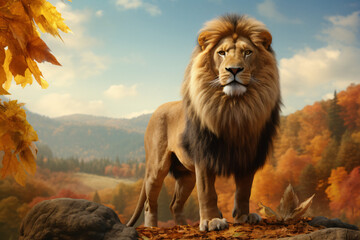 Lion with nature background style with autum - obrazy, fototapety, plakaty