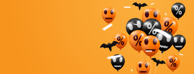 halloween sale banner design with pumpkin, ghost, bat and balloons on orange background