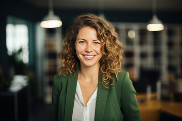 A smiling businesswoman posing in her office. Generative AI.