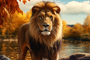Lion with nature background style with autum