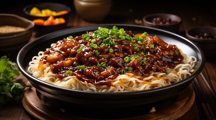 AI Generated delicious Jajangmyeon, jjajangmyeon, Korean-style Chinese noodle dish topped with thick sauce.