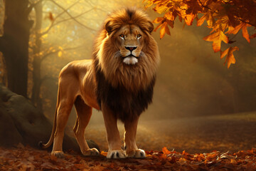 Lion with nature background style with autum