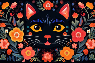 Fototapeta premium Pattern design using cat head and flowers and leaves. Pet. Animals. Illustration, Generative AI.