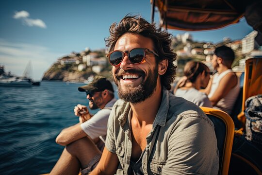 handsome young man tourist having fun on summer vacation smiling and looking at camera