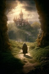 Concept art illustration of hobbit in fantasy world, Generative AI
