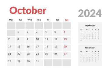 Calendar Template of october 2024. Vector layout simple calendar with week start Monday.