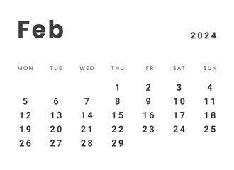 Template design of Monthly Calendar on february 2024. Vector layout minimal calendar with week start Monday. - obrazy, fototapety, plakaty