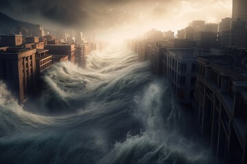 Generative AI illustration of tsunami flooding a city, Generative AI