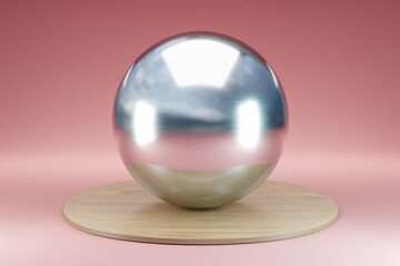wooden podium with metal sphere ball on infinite background; pedestal for beauty, cosmetic product presentation. copy space template, 3D Illustration