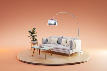 isolated living room furniture decoration setting on infinite background; 3D Illustration