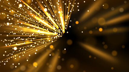 Defocused Gold Rays of Light with Flying Particles on Dark Background, Vector Illustration