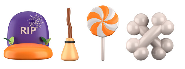 Halloween 3d icons of pumpkins, ghost, gifts isolated on white background. 3d rendering