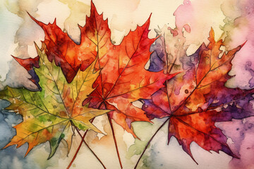 Naklejka na ściany i meble Intricate patterns of maple leaves, Leaves Watercolor, 