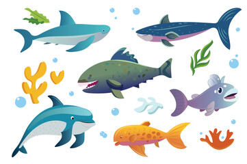 Set of fish in the flat cartoon style. A captivating set of fish illustrations with a vibrant and artistic design and sea elements. Vector illustration.