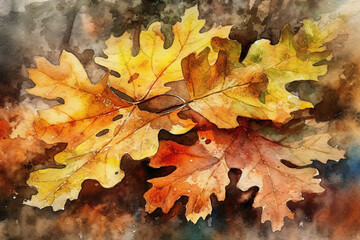 Naklejka na ściany i meble Majestic oak tree leaves changing colors in autumn, Leaves Watercolor, 