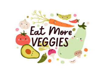Vegetable sticker, healthy vegetarian food. Organic nutrition, Eat More Veggies quote. Eco natural eating composition and phrase. Flat graphic vector illustration isolated on white background