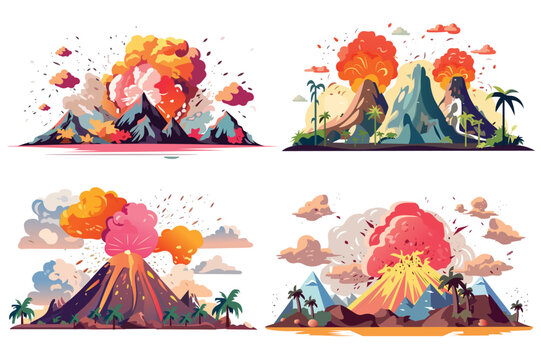 Set of volcanoes in the cartoon design. An artistic design depicting a set of majestic volcanoes in eruption. Vector illustration.