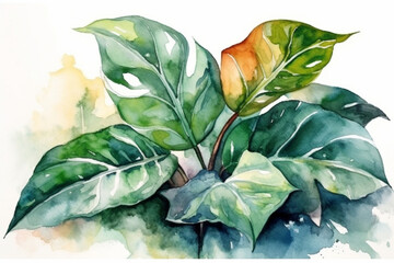 Majestic philodendron leaves with their broad and vibrant green appearance, Leaves Watercolor,  - obrazy, fototapety, plakaty