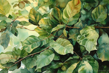 Bountiful fig tree leaves cascading down in shades of green, Leaves Watercolor, 