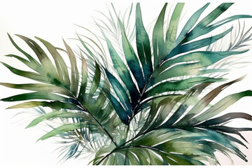 Whimsical arrangement of watercolor green large palm leaves on a pristine white background, Leaves Watercolor, 