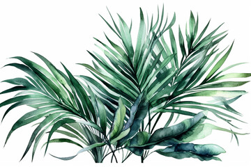 Whimsical arrangement of watercolor green large palm leaves on a pristine white background, Leaves Watercolor, 