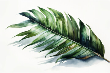 Captivating watercolor green large palm leaf standing out on a clean white background, Leaves Watercolor, 