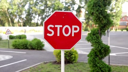 traffic stop sign in the school yard close-up