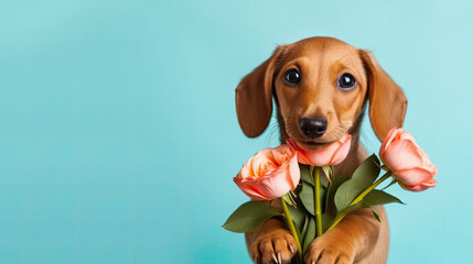 Dachshund dog  puppy holding flowers, pastel background