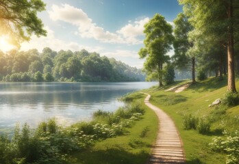 Natural background of beautiful forest trees lake path and landscapes