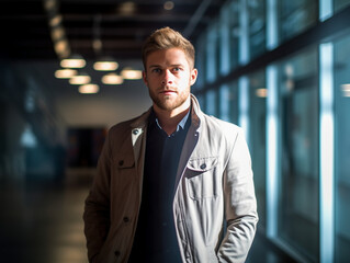 Fototapeta premium Handsome stylish young man inside a museum, AI generation