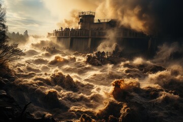 Fototapeta premium Harrowing scenes of large river floods and devastating floods.