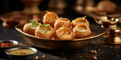 Pani puri traditional indian food on a plate close-up, with various spicy sauces