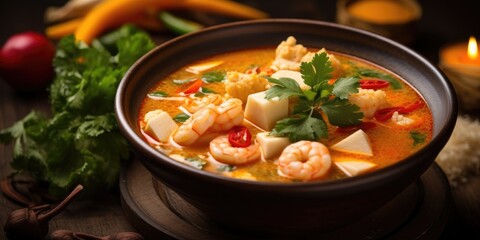 Delicious tom yum soup dish in Thailand restaurant. Generative AI - obrazy, fototapety, plakaty