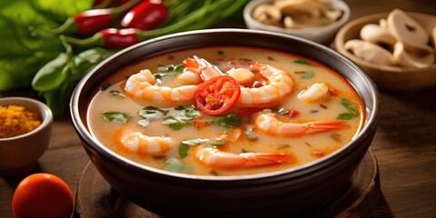 Delicious tom yum soup dish in Thailand restaurant. Generative AI
