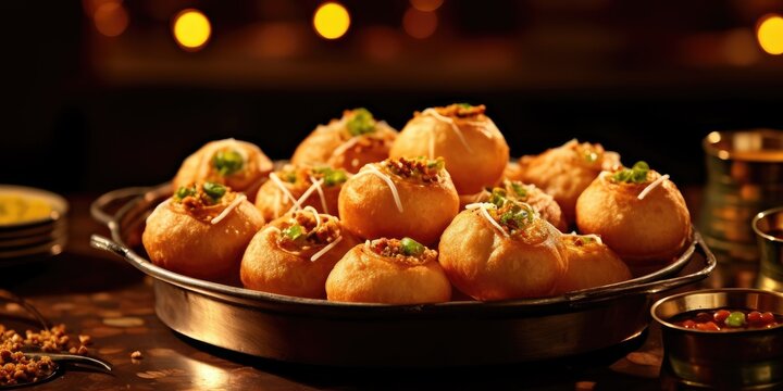 Delicious pani puri dish in Indian restaurant. Generative AI