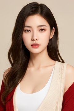 Portrait of beautiful Japanese women wearing white tank layered under an open red kimono cardigan. Medium length hair down in soft curls. Neutral glowy makeup