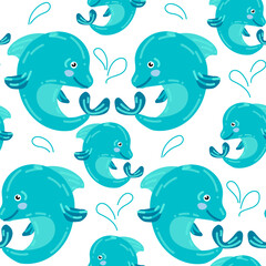 Seamless pattern. Blue dolphins with details on a white background. Imitation splashes, games. Vector illustration for printing on paper and textiles