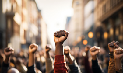 BLM raised fist for anti-racism protest against racial inequality. Black lives matter demonstration.Arms and fists raised in the air, protest and demonstration concept. copy space