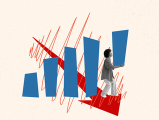 Collage with woman and a graph. Fighting recession and problems with personal savings.