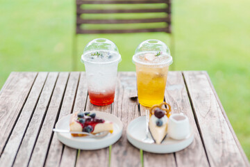 Blueberry Cheese Pie, Homemade Cheese Cake with Berries and Beverages. Dessert,  Bakery and Pastry concept