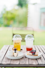 Blueberry Cheese Pie, Homemade Cheese Cake with Berries and Beverages. Dessert,  Bakery and Pastry concept