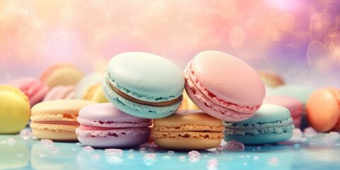 Fototapeta na wymiar Macaron on a pastel background in a wet watercolor theme. Banner. Place for text. Generative AI