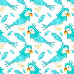 Naklejka premium Cartoon Macaw parrot is a seamless colorful vector pattern. Pastel background, tropical, blue parrot with feathers on a white background. Printing on textiles and paper