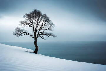 A solitary winter tree reflects on the calm lake, embodying serenity as snow blankets the landscape, hushing the world into peaceful stillness.