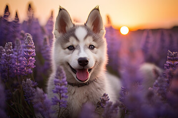 Husky  in a  lavender field at sunset