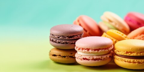 Macaron on a pastel background. Banner. Place for text. Generative AI
