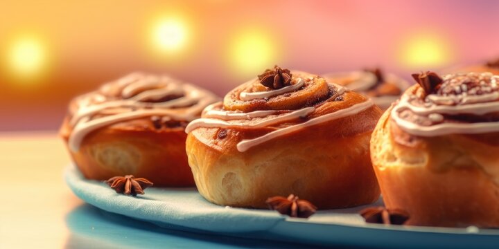 Delicious cinnabon. Appetizing buns on pastel background. Generative AI